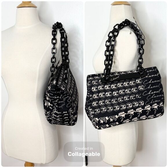 Y2K Vintage CHANEL Canvas Camellia Flower Tote Authentic Acrylic Chain Strap - Picture 2 of 11